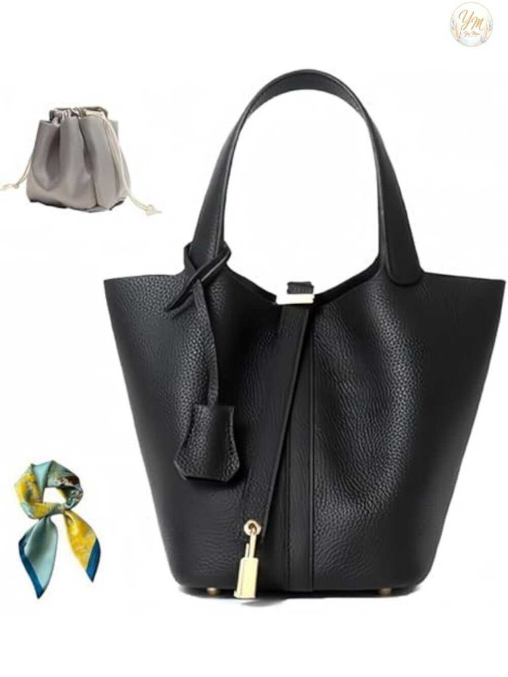 Genuine Leather Bucket Bag for Women: Lock Design Shoulder Handbag Top-Handle